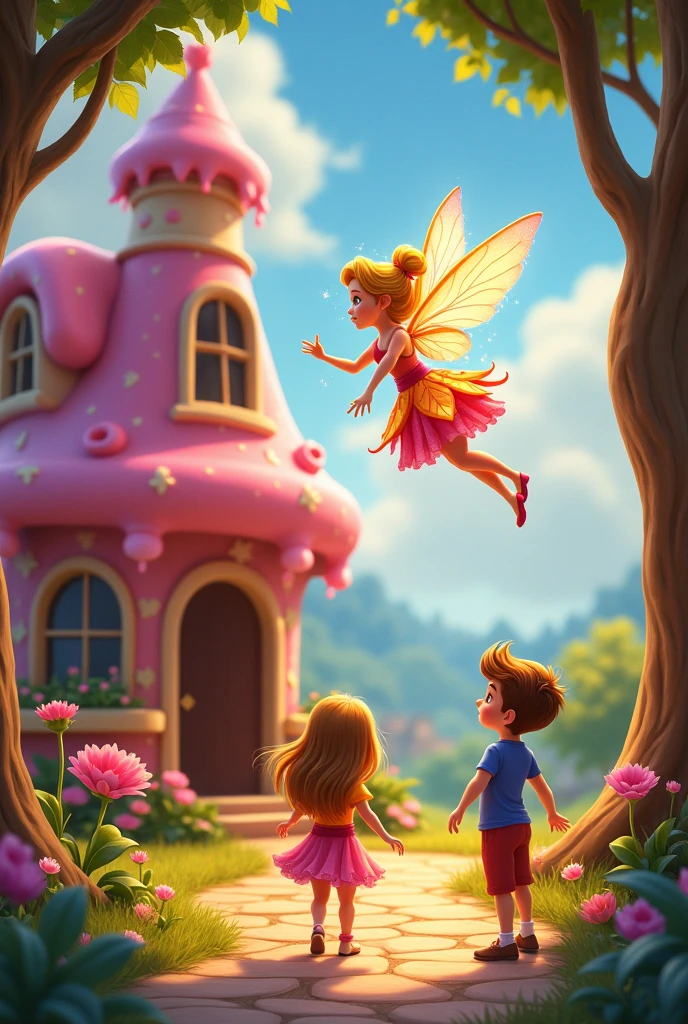 illustration , The Melody Fairy appears at the door of the candy house, floating in the air with her shiny wings and a dress made of flower petals. Maria and Lucas look at her with enchantment. Disney pixar