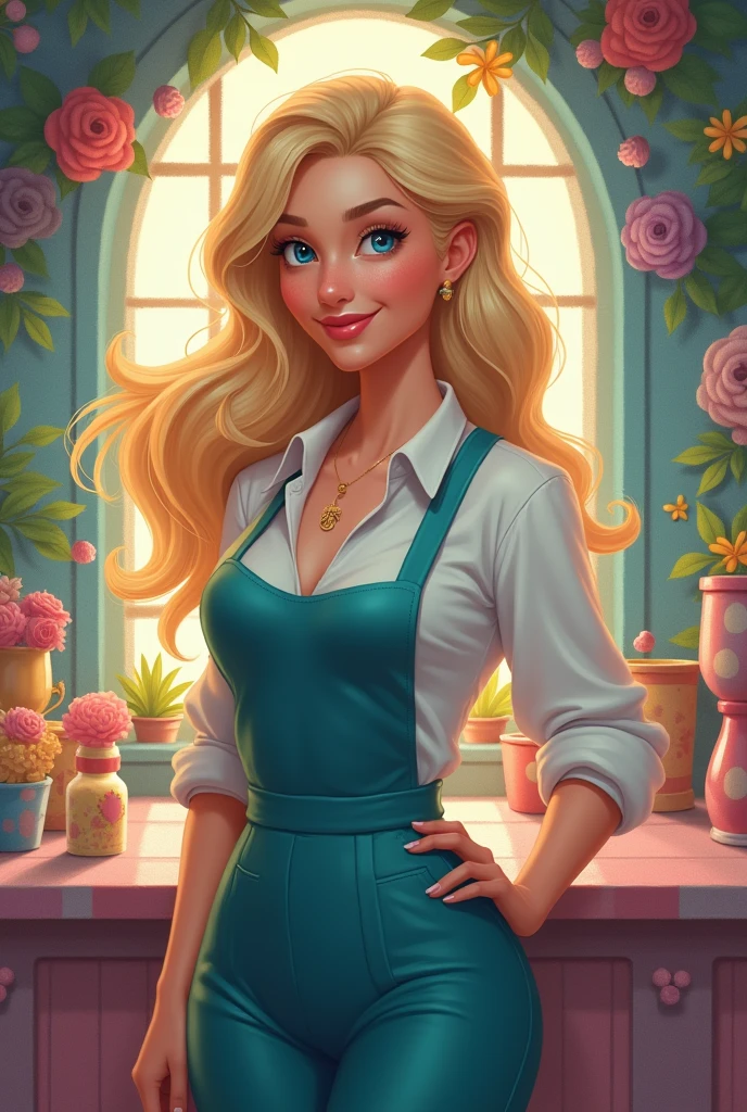 A blonde woman with blue eyes,length hair, work clothes, as a beautician,big breast ,down blouse,Disney art,colorfull 