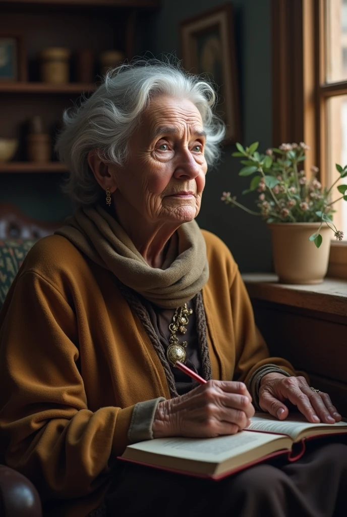 The elderly woman sitting in her modest home, reflecting on the day’s events with a thoughtful expression, and perhaps starting to write or plan for a new beginning inspired by the Prophet’s teachings
