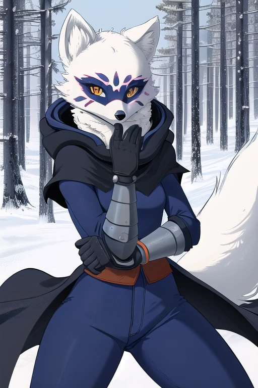 Alopex, arctic fox, furry, blue marks face, tmnt, orange eyes, girl1, solo, cape, cloak, gloves, Kunoichi Outfit, pants, best quality, masterpiece, Mouth Mask, forest, 