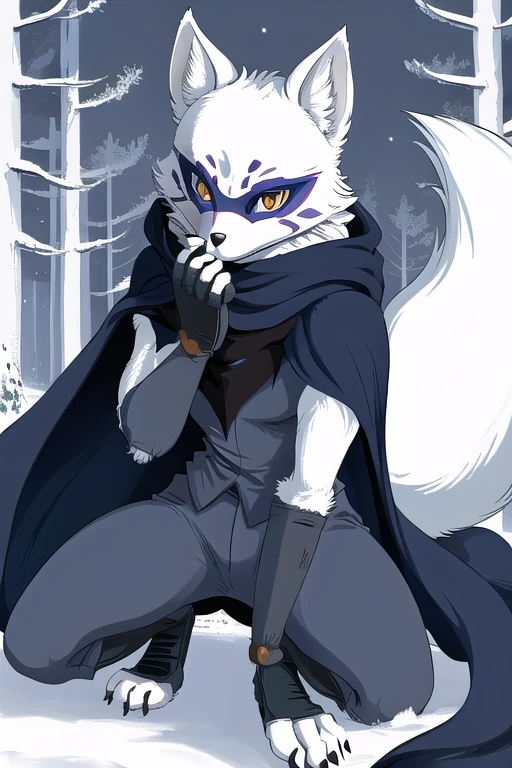 Alopex, arctic fox, furry, blue marks face, tmnt, orange eyes, girl1, solo, cape, cloak, gloves, Kunoichi Outfit, pants, best quality, masterpiece, Mouth Mask, forest,