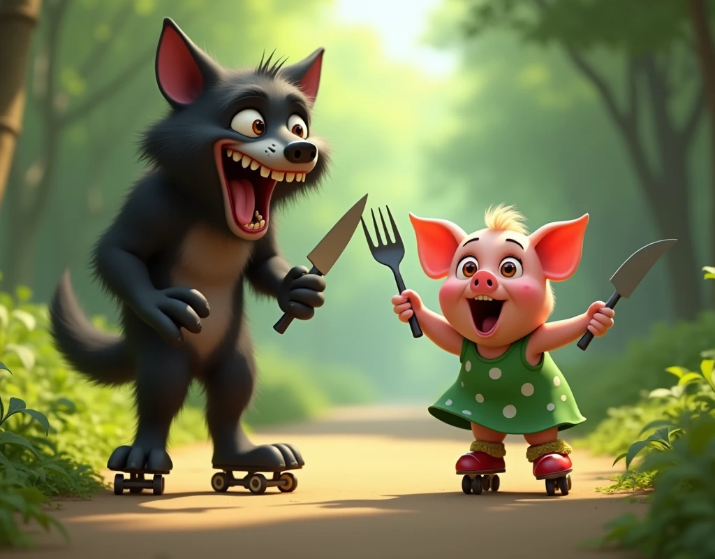 pixar style, 3d, 1scared cute piglet and 1big tall black wolf, the cute piglet is in front and on right side screaming loudly in fear while moving fast on her rollerblades, the piglet is wearing green dress with white polka dots. The big tall black wolf is on the left side much behind the piglet and looking at the piglet laughing scarily. The wolf is hand drawn whimsical, cartoonish furry black wolf with large, expressive orange eyes, and exaggerated facial features with canine teeth, long jaw, stands with a mischievous, wide-eyed grin. The wolf is holding a fork in one hand and a knife in other hand. The wolf's fur is dark black with tufts of fur adding texture and character. Its mouth is open wide with a comically ((large tongue sticking out:1.4)), adding to its playful and mischievous appearance. The overall style is highly detailed with a touch of (hand-painted quality:1.4), focusing on exaggerated expressions:1.3, vibrant colors, and a humorous, light-hearted mood.The setting is of a jungle in bright day light, game button art, Game illustration, lovely digital painting, artstation for kids art, Official artwork, key art, mobile game art, cover game art, zootopia concept art, (soft lighting:1.3), (green and earthy color scheme:1.3), (highly detailed), (ultra quality:1.3), (masterpiece), (digital art), 8K resolution, HDR, depth of field, (soft shadows), (photorealistic:1.3), (animation:1.2), (by Greg Rutkowski:0.9), (in the style of Alphonse Mucha), trending on ArtStation, award-winning art