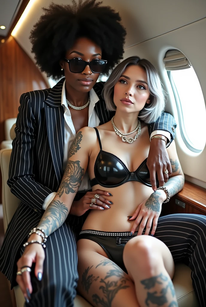 Two russian old milf women: the dominant aggressive dark skinned black woman in white silk blouse, business pinstripe suit jacket and pinstripe trousers,  long nails and afro hair, sitting on a sear of a private jet with possessive stance (arms around her girlfriends' shoulders squishing her tightly, groping the body of the white woman with her other hand). Next to her, her white rich drunk girlfriend leaning over her (very pale: pale face, pale neck, pale chest, pale arms, pale hands, pale stomach, pale leg), white woman stretches her neck and looks st the camera, submissive and shy look in her eyes white woman in laid back posture spreading her leg with hands on her girlfriend's arm. White woman wears Black shiny studded leather thong, grey hair (pouf, shaved sides, top bun) and oversized square sunglasses as headband. Big lips. Black studded leather push up bra, silicone breasts. Barefoot. White woman wears a lot of necklaces and pendants around her neck, and a lot of silver bracelets. Loose chains and thin studded belts around the hips of the white woman. White woman is lazy, leaning back and hips forward, and arching her back.. The white woman is densely tattooed on neck,  tattoos on chest, tattoos on arms, tattoos on stomach, tattoos on legs. White woman has well Toned abdominals, thin neck, slim legs and thin arms. Narrow hips. Inside a private jet Good illumination 