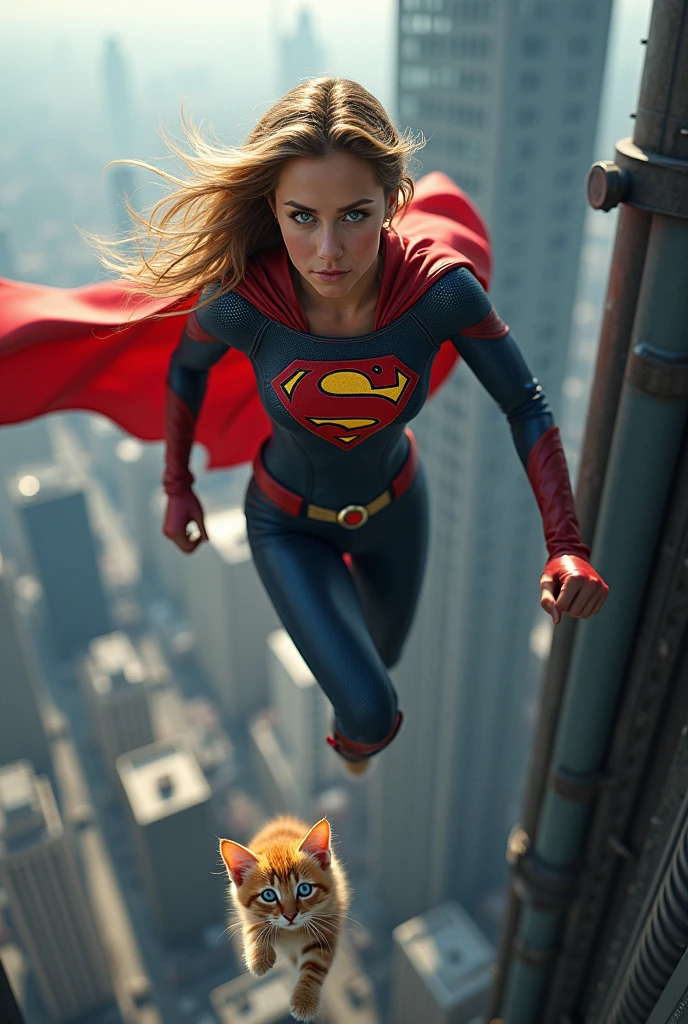 photorealistic superhero woman looking like a very young Jennifer Aniston wearing superhero clothes flies to save very very small scared black  blue eyes kitten stuck in the drainpipe on the roof at the great height of a skyscraper at a great height and can't get free
