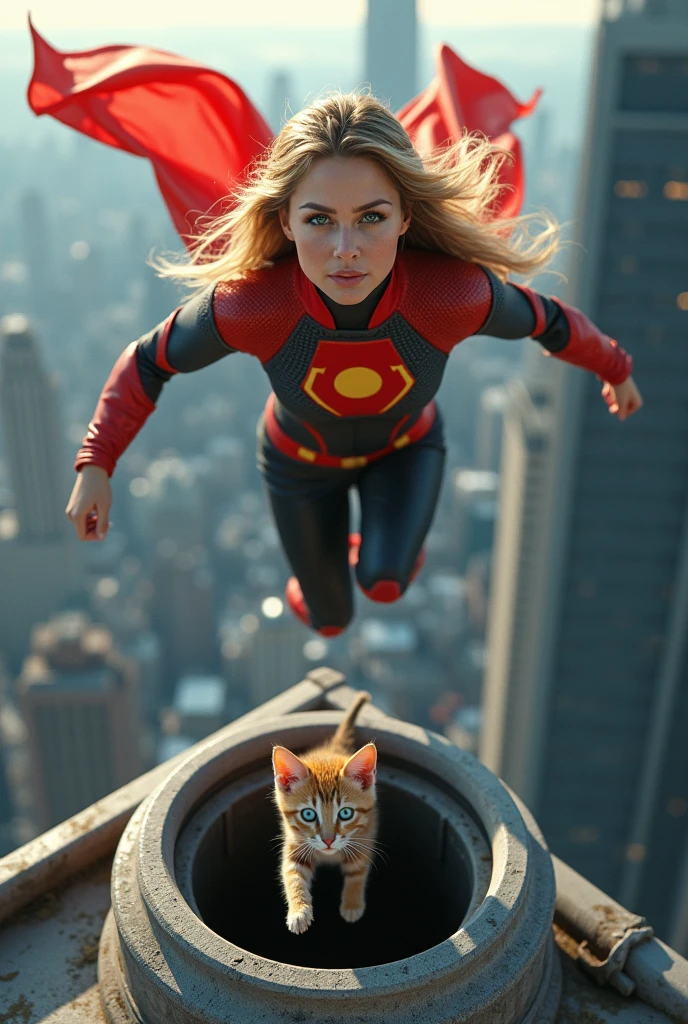 photorealistic superhero woman looking like a very young Jennifer Aniston wearing superhero clothes flies to save very very small scared black  blue eyes kitten stuck in the drainpipe on the roof at the great height of a skyscraper at a great height and can't get free
