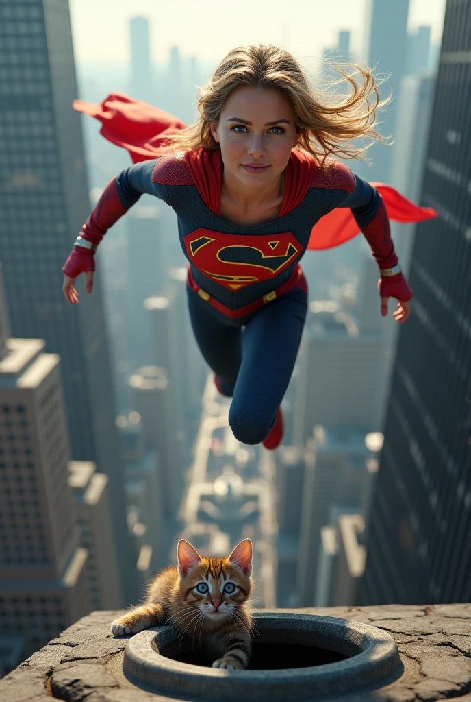 photorealistic superhero woman looking like a very young Jennifer Aniston wearing superhero clothes flies to save very very small scared black blue eyes kitten stuck in the drainpipe on the roof at the great height of a skyscraper at a great height and can't get free
