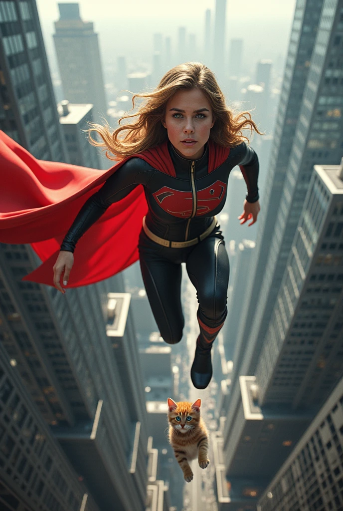 photorealistic superhero woman looking like a very young Jennifer Aniston wearing superhero clothes flies to save very very small scared black blue eyes kitten stuck in the drainpipe on the roof at the great height of a skyscraper at a great height and can't get free