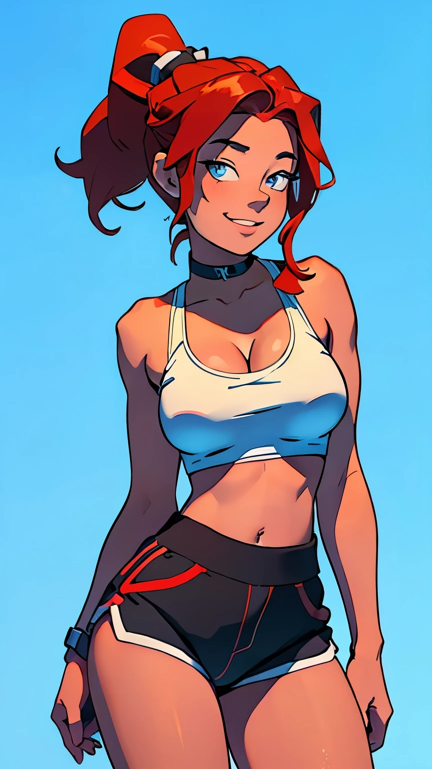 masterpiece, best quality, half body,, highest image quality, looks like Olivia Dunne, bright red hair, ponytail, blue eyes, wearing a large, blue gym top and black biker shorts, smiling, (large breasts:1.5), White background, empty background, standing, plain regular pose