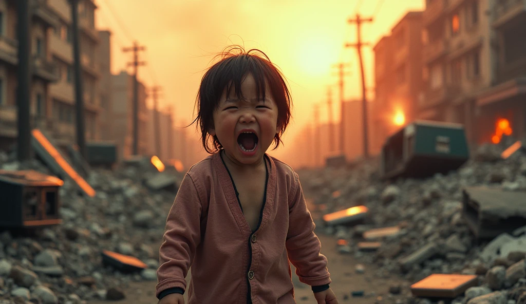 child in the middle of the destruction of hiroshima crying, flashy colors, child has to look big in the photo