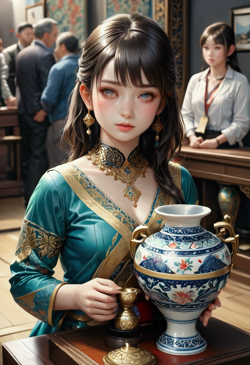 beautiful cute award winner girl, holding ceramics vase trophy at the award ceremony, a stylish championship ceramics vase trophy holding by the winner on the podium, with a beautiful, arita-ware, intricate ceramic design, detailed relief patterns, vivid colors, (best quality,4k,8k,highres,masterpiece:1.2),ultra-detailed,(realistic,photorealistic,photo-realistic:1.37),studio lighting,extreme detail description,professional,vivid colors,award,ceramic,elegant,ornate,detailed,highly detailed