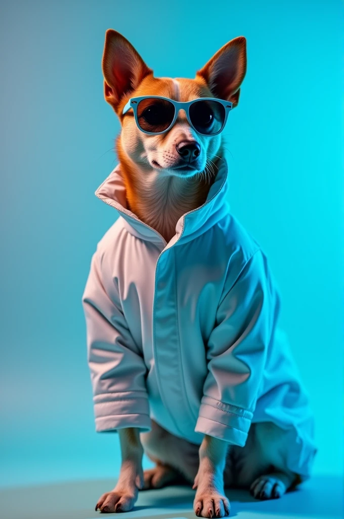 The best cell phone wallpaper, Award-Winning Wallpaper, portrait photography, In the front view is a portrait of a cute dog wearing mid-1960s space age fashion, Side view photo, Shot with Canon EOS R5, Set a strong contrast that accentuates the subject, Fluorescent blue tone, Wearing a very modern coat and sunglasses is a modern 1960s style, Clothes all in one color, beautiful background