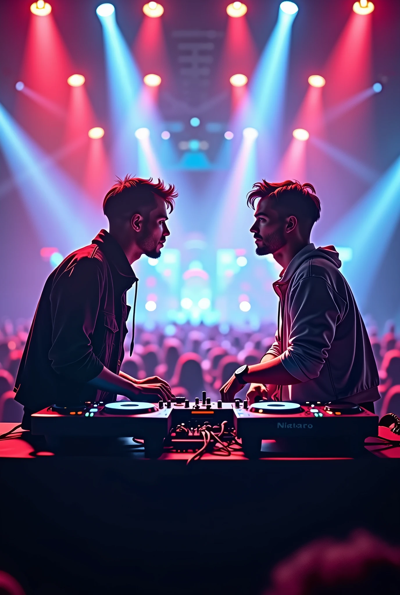 Two male DJ friends sitting facing each other at a concert looking at each other in full body