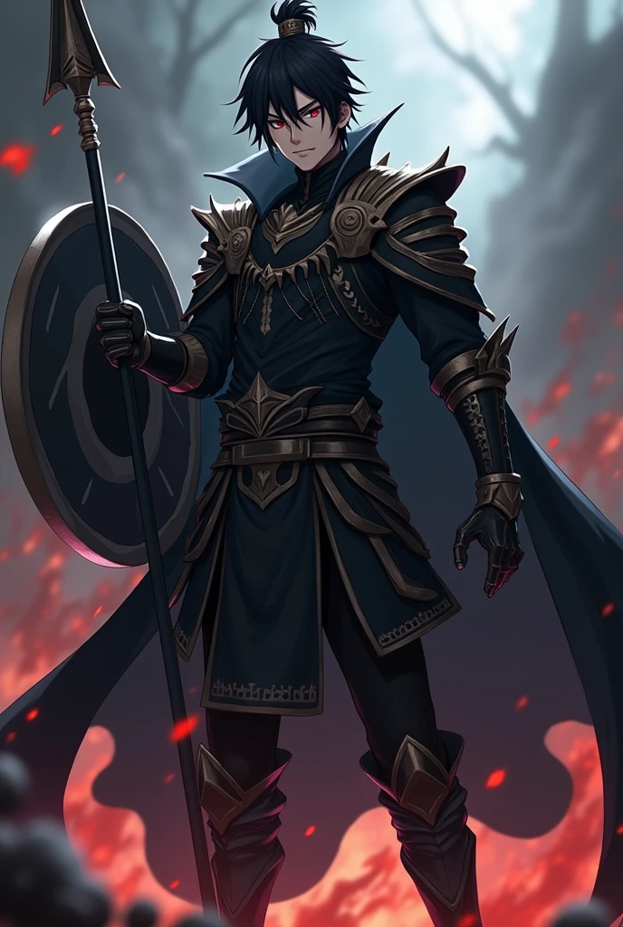 Make a anime character who has a spear ,a shield,a cloak in black color ,royal king dress up in black color without crown,male character,whole character is in rage mood ,20 years old worrier, slime , doesn't have six pax and muscle, jjk like animation. His face is like gojo from jjk.