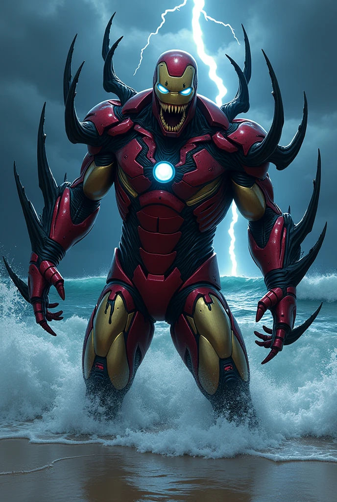 「A violent storm is raging on the beach at night、The Venom symbiote infests Iron Man's armor、It has transformed into a terrifying entity。Iron Man's usual metallic red and gold armor、Completely covered in black symbiote、Sharp tentacles and claws protrude from it.。Black tentacles stretch out from each part of the armor.、It looks like a terrifying creature emerging from the depths of the ocean.。
On the shoulders and arms of the armor、Sharp claws exposed、It is deformed like the fin of a giant fish.。In the chest、Venom's black symbiote breaks through the armor's plating.、Creepy mouth exposed。From the mouth、With dripping black liquid、Sharp fangs peeking out、It lets out a sharp roar that symbolizes the terror of the sea.。
The eye part of the armor、From normal glossy lenses、It emits a pale blue light like a deep sea creature.、The eyes have turned creepy。In the darkness and storms of the sea、The entire armor shines as if it is wet.、The image of him reigning as the ruler of the sea is emphasized.。
In the background, waves crash against the shore.、There is a sense of fear in the air, as if something has been pulled from the depths of the ocean.。Lightning splits the dark sky、Venom's infested Iron Man armor makes him look even more terrifying.。The whole scene is、It expresses the fear and overwhelming power of the king of the deep sea.、Make a strong impression on the viewer。」