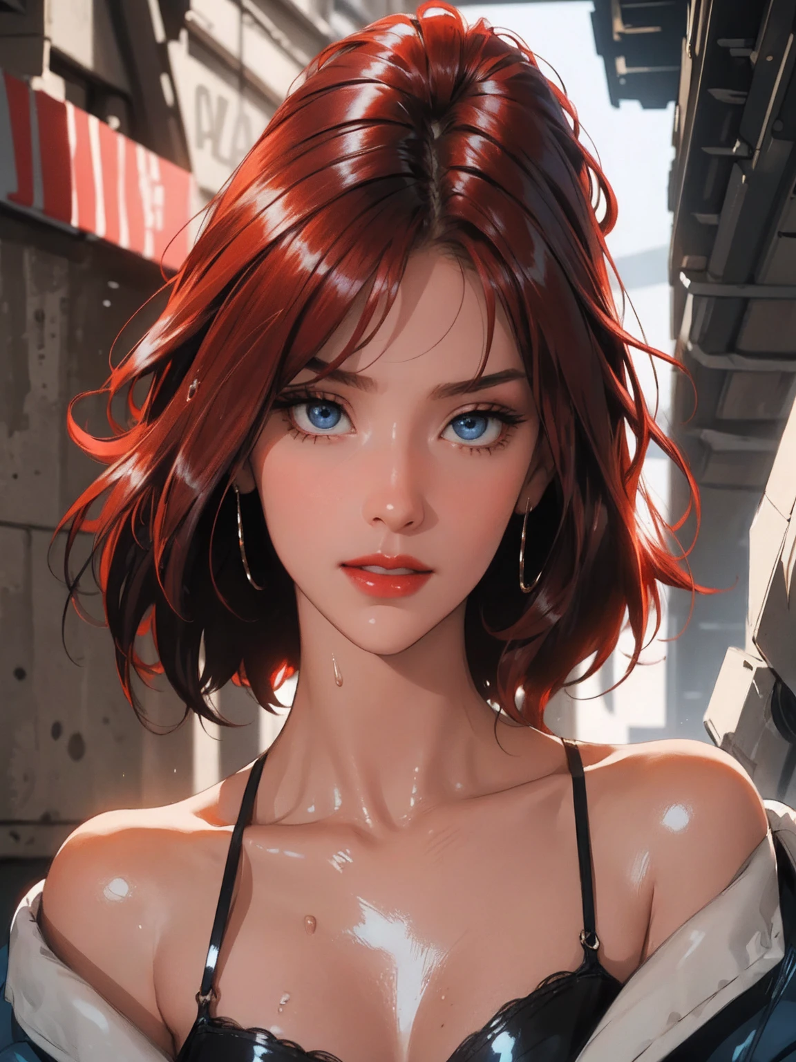 1girl,a beautiful fashion model ,(masterpiece, detailed background, best quality),short and shiny hair, red hair, hair with highlights, bangs, smirk,juicy lips,red lips, calmart, lingerie, stripping, elegant makeup, blue eyes, full body shot, (shiny skin), cyberpunk, sci fi, boa, extravagant jewelry, cocky expression, covered in jewelry, fancy, club outfit, shiny skin, wet skin. running hand through hair, leaning on wall, hair flip, sweat, dj, lights, beat spins you round