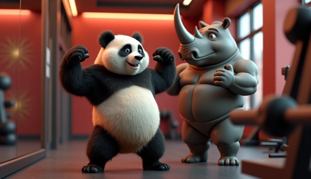A 3d animated movie shot. Pandu, a young panda,
Pandu is now extremely muscular, with prominent six-pack abs that are clearly visible. He stands confidently in front of a mirror, flexing his impressive physique and showing off his well-defined six-pack. His muscular build is exaggerated to emphasize his bodybuilder status. Gondi Bhai, the muscular rhinoceros gym owner, stands beside him with an expression of awe and pride, possibly clapping or giving a thumbs-up. The gym background features high-end equipment and motivational decor, underscoring Pandu's remarkable fitness achievement. The scene is celebratory, highlighting Pandu's transformation into a fit and muscular individual.