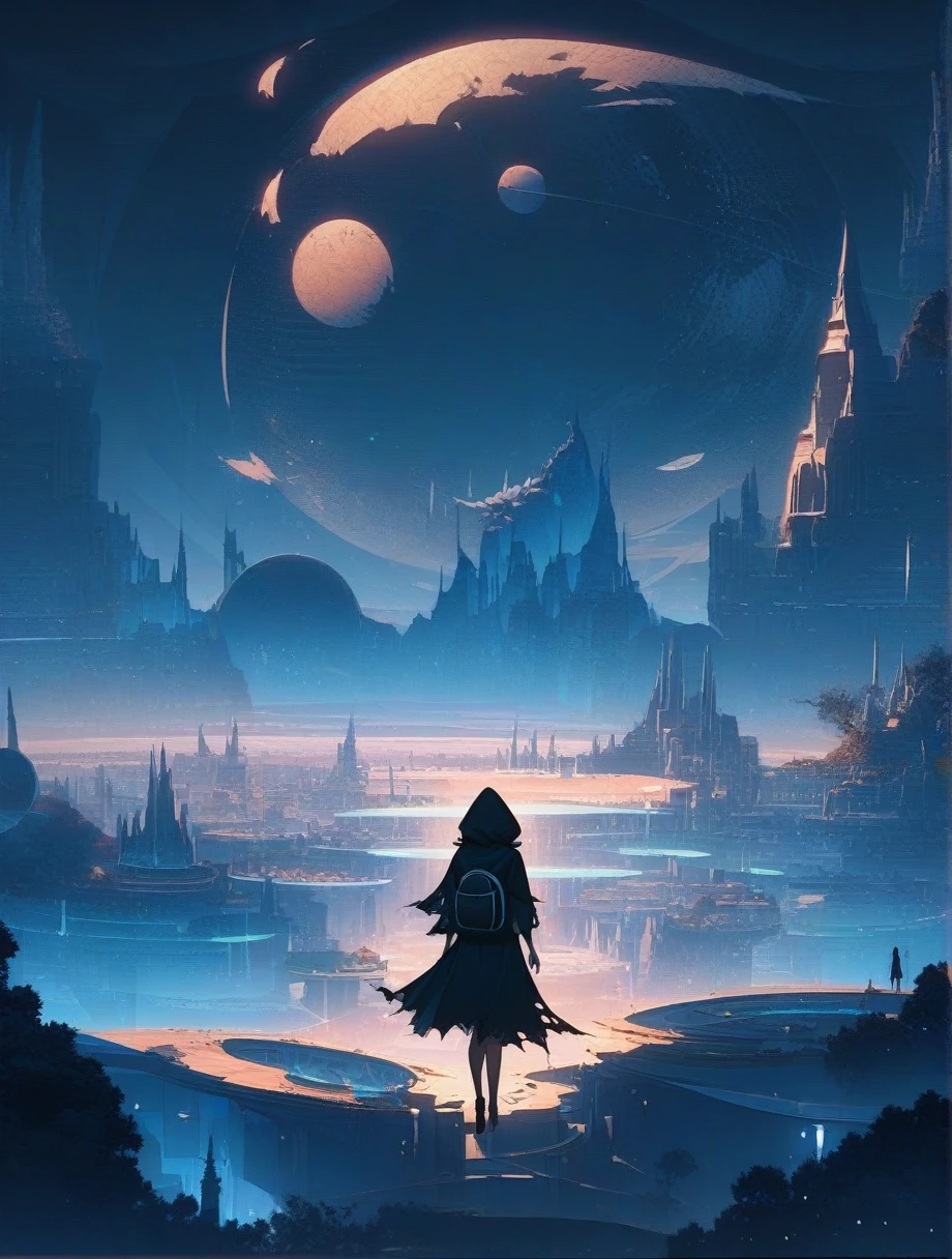 score_9, score_8_wonderful, score_7_wonderful, score_anime, masterpiece, Highest quality, Delicate illustrations, Sharp lines, Sharp focus, break, a traveling girl wandering in the endless night world, The girl is wearing a hood、There are a lot of things in the backpack。, night , wonderful風景, Beautiful views, Harmony with Nature, wonderful景色, Space City, (((Torn clothes))), (((Torn hood))),Long skirt,(((Torn Skirt)))