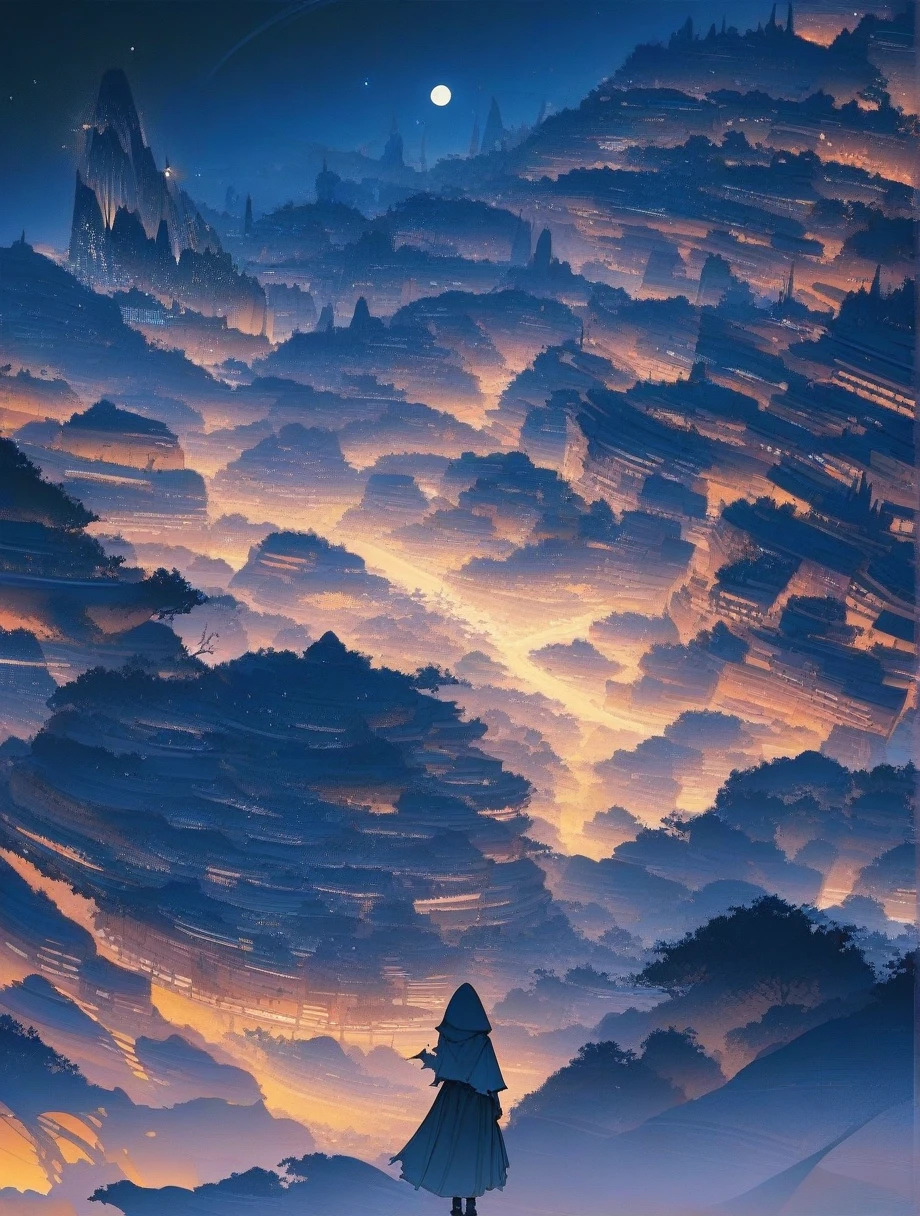 score_9, score_8_wonderful, score_7_wonderful, score_anime, masterpiece, Highest quality, Delicate illustrations, Sharp lines, Sharp focus, break, a traveling girl wandering in the endless night world, The girl is wearing a hood、There are a lot of things in the backpack。, night , wonderful風景, Beautiful views, Harmony with Nature, wonderful景色, Space City, (((Torn clothes))), (((Torn hood))),Long skirt,(((Torn Skirt)))