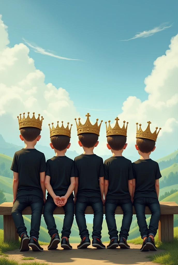 Six boys sitting on a bench wearing black t-shirt and black jeans and wearing golden crown on a hill top