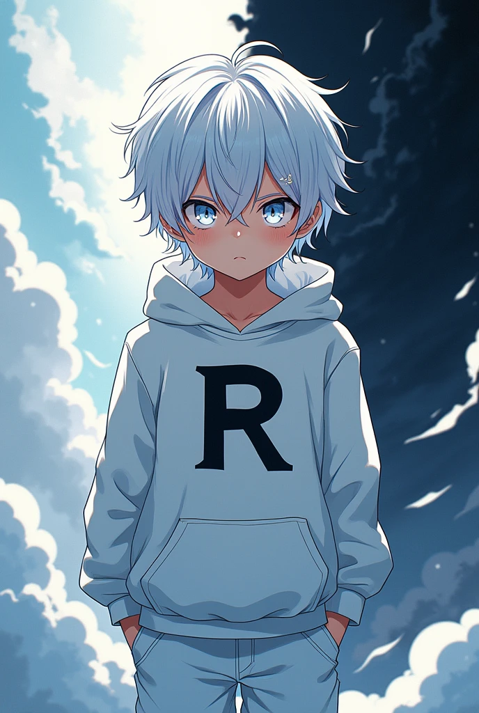 A boy in white hoodie with white pant anime single written R in black colour in hoodie white hair background like he is in half heaven half hell with white eyes