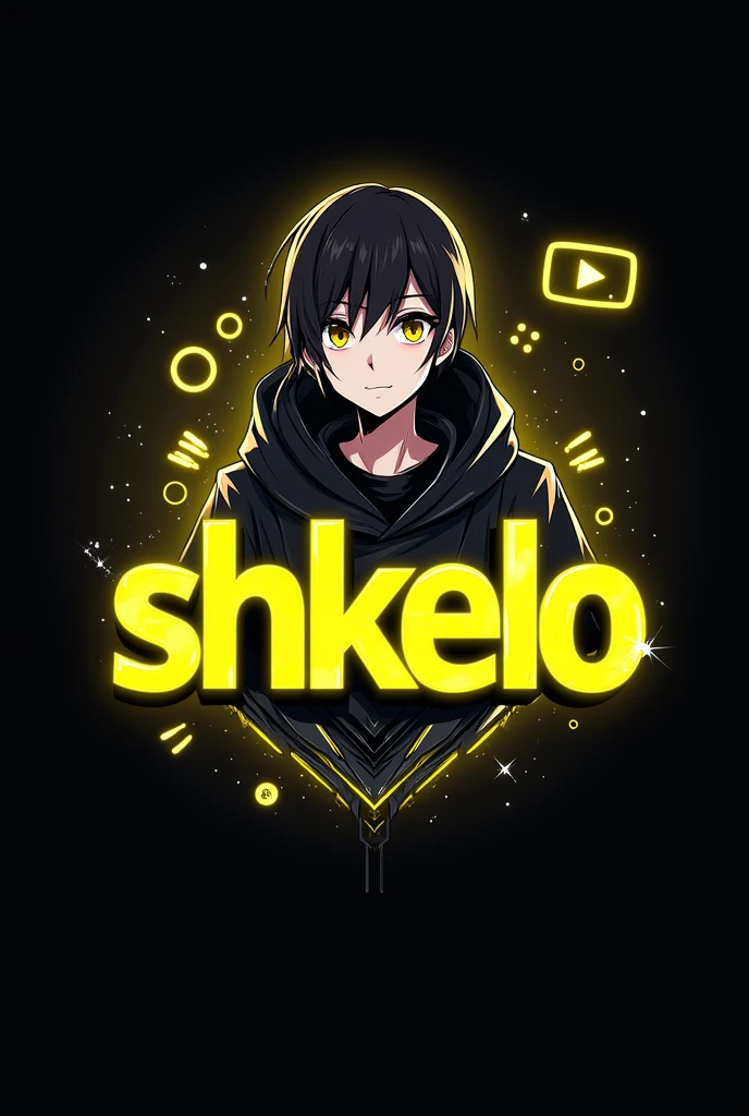 This is a gaming logo that features the name "SHKELO" in a futuristic font and a neon YELLOW color. and Boy Anime avtar, The logo also has a stylized controller icon and a YouTube play button in the background. The logo is designed to be attractive and eye- catching, and to appeal to gaming enthusiasts and YouTube viewers Ihone