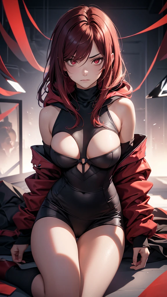 8k resolution,((Highest quality)),Ultra-high resolution,Young Man, alone, Androgynous, (sad look), (dark red eyes), Beautiful and symmetrical face, (Red messy medium length shoulder length hair),Decadent hoodie,Realistic:1.4,Realistic:1.4,(masterpiece:1.2),Perfect Eyes,Perfect Eyes,Perfect Legs,Decadent socks,Decadent shorts,Perfect thighs
