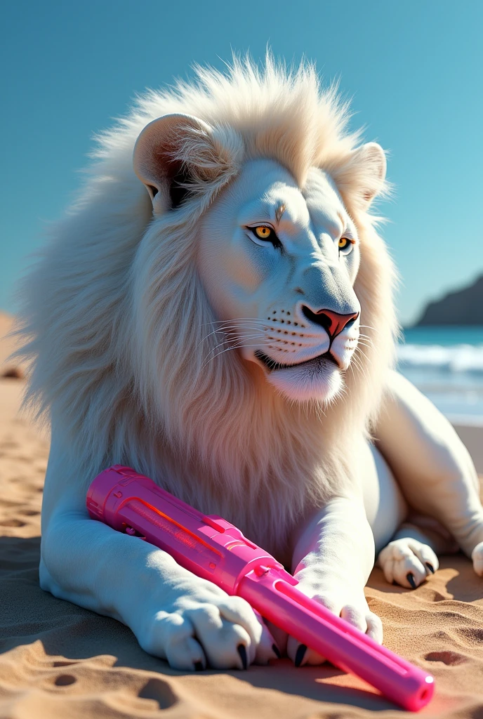A white lion site on beach and neon side a tone pick our had gun