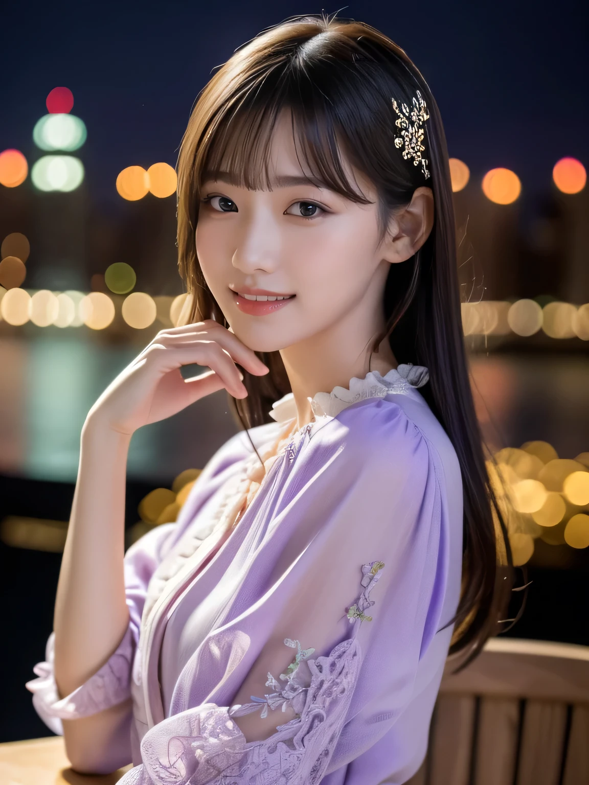 1 girl,(Wearing a lilac blouse:1.2),(Raw photo, highest quality), (realistic, Photoreal:1.4), table top, Very delicate and beautiful, very detailed, 2k wallpaper, wonderful, In detail, Very detailed CG Unity 8K wallpaper, very detailed, High resolution, soft light, Beautiful detailed girl, very detailed目と顔, beautifully detailed nose, detailed and beautiful eyes,Cinematic lighting,night city lights,perfect ???????,Slender body,smile