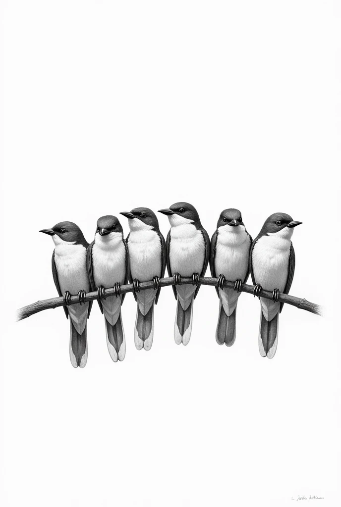 7 birds are sitting on a branch, pencil drawing black and white