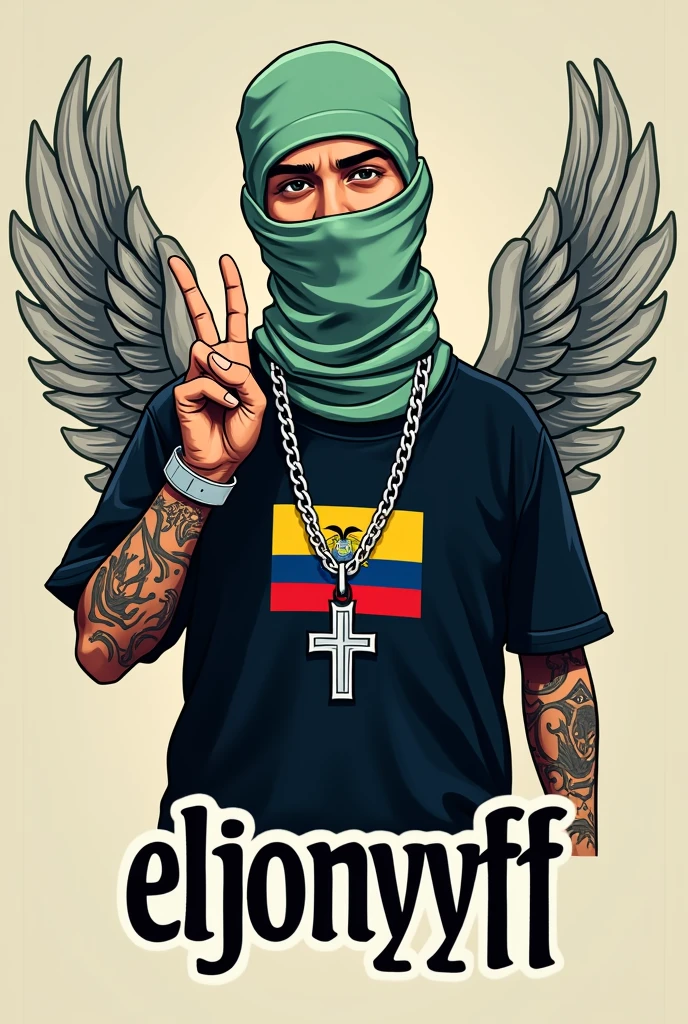 Create me a logo of a teenage rapper with a light green balaclava with a black shirt with a small print of the Ecuadorian flag slipping a silver chain with a cross pendant around his neck with his hands and with a hand making the peace sign with his fingers and with tattoos on his arms and with injured wings on the back of an angel and that below it says ElJONYFF in capital letters