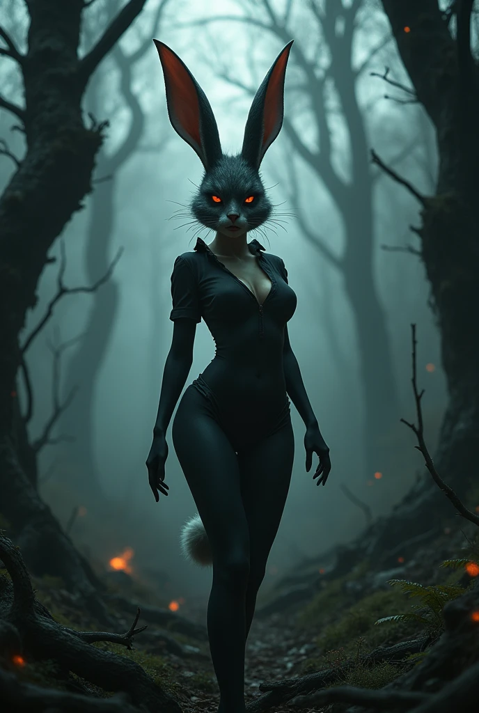 Evil sexy female bunny in a scary forest. wearing modest clothes