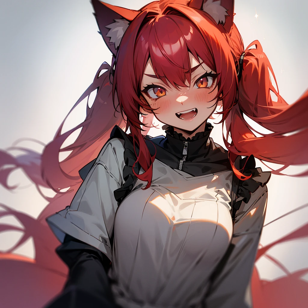1girl,solo,red hair color,wolf cut hair(short),wolf ears,green eyes,slanted eyes,super huge ,slender,red shirt,long sleeves,tote bag,expressionless,looking at viewer,near,beautiful person ,cool,standing up,white background