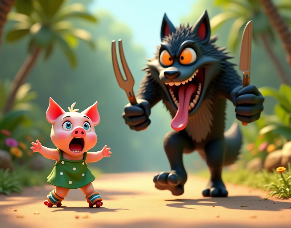 pixar style, 3d, 1scared cute piglet and 1big tall black wolf, the cute piglet is in front and on right side screaming loudly in fear while moving fast on her rollerblades, the piglet is wearing green dress with white polka dots. The big tall black wolf is on the left side much behind the piglet and looking at the piglet laughing scarily. The wolf is hand drawn whimsical, cartoonish furry black wolf with large, expressive orange eyes, and exaggerated facial features with canine teeth, long jaw, stands with a mischievous, wide-eyed grin. The wolf is holding a fork in one hand and a knife in other hand. The wolf's fur is dark black with tufts of fur adding texture and character. Its mouth is open wide with a comically ((large tongue sticking out:1.4)), adding to its playful and mischievous appearance. The overall style is highly detailed with a touch of (hand-painted quality:1.4), focusing on exaggerated expressions:1.3, vibrant colors, and a humorous, light-hearted mood.The setting is of a jungle in bright day light, game button art, Game illustration, lovely digital painting, artstation for kids art, Official artwork, key art, mobile game art, cover game art, zootopia concept art, (soft lighting:1.3), (green and earthy color scheme:1.3), (highly detailed), (ultra quality:1.3), (masterpiece), (digital art), 8K resolution, HDR, depth of field, (soft shadows), (photorealistic:1.3), (animation:1.2), (by Greg Rutkowski:0.9), (in the style of Alphonse Mucha), trending on ArtStation, award-winning art