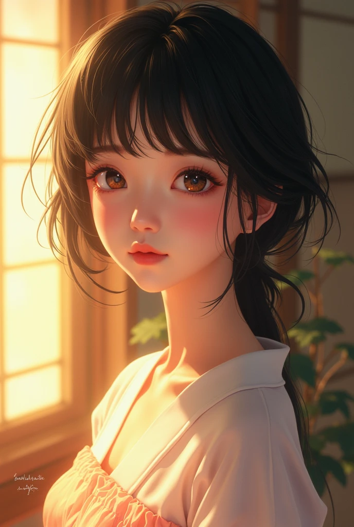 masterpiece、highest quality、cinema、(Details of both eyes)、(cute japanese woman、bangs:1.3)、2、1 girl、elegant、black hair、(sunshine:1.2)、(The wind is blowing:1.1)、