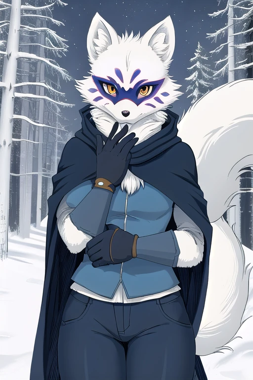 Alopex, arctic fox, furry, blue marks, tmnt, orange eyes, girl1, solo, cape, cloak, gloves, Kunoichi Outfit, pants, best quality, masterpiece, Mouth Mask, forest, 