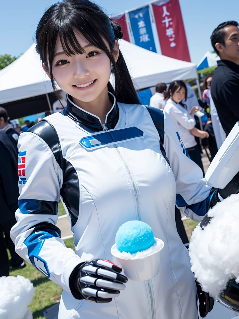 Japanese female android,Black Hair,White and blue robot suit,Plump,Eating cotton candy at a festival,smile
