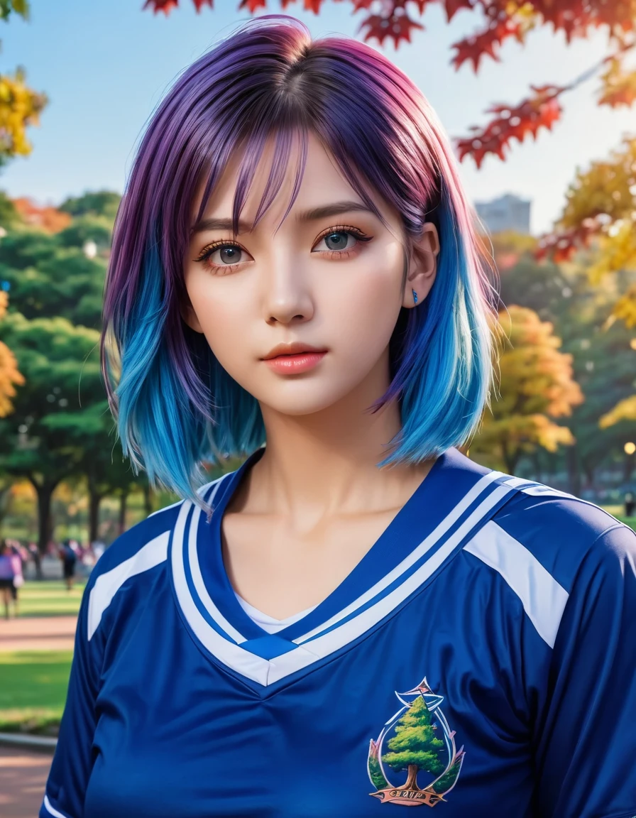 1girl, masterpiece, 8k, high quality, very detailed, beautiful face, detailed eyes, tattoo on neck, blue sport uniform, city park background, medium breast, multicolored hair, outdoors, colorful trees, ImgFixerPre0.3