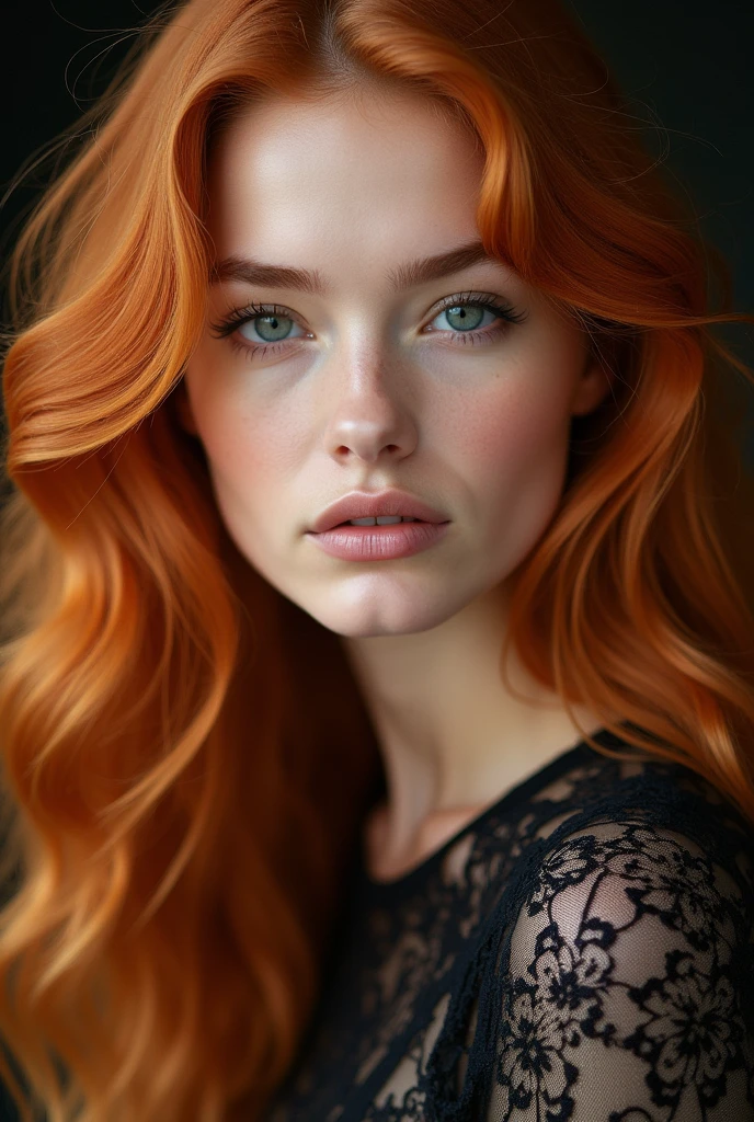 An enchantingly fiery-haired 1 Russian model poses with captivating grace and poise. The image, whether a photograph or portrait, exudes a sense of youthful beauty and sophistication. Her striking ginger locks cascade in waves, framing a porcelain complexion and piercing, intelligent eyes. Each feature is meticulously crafted, showcasing flawless skin