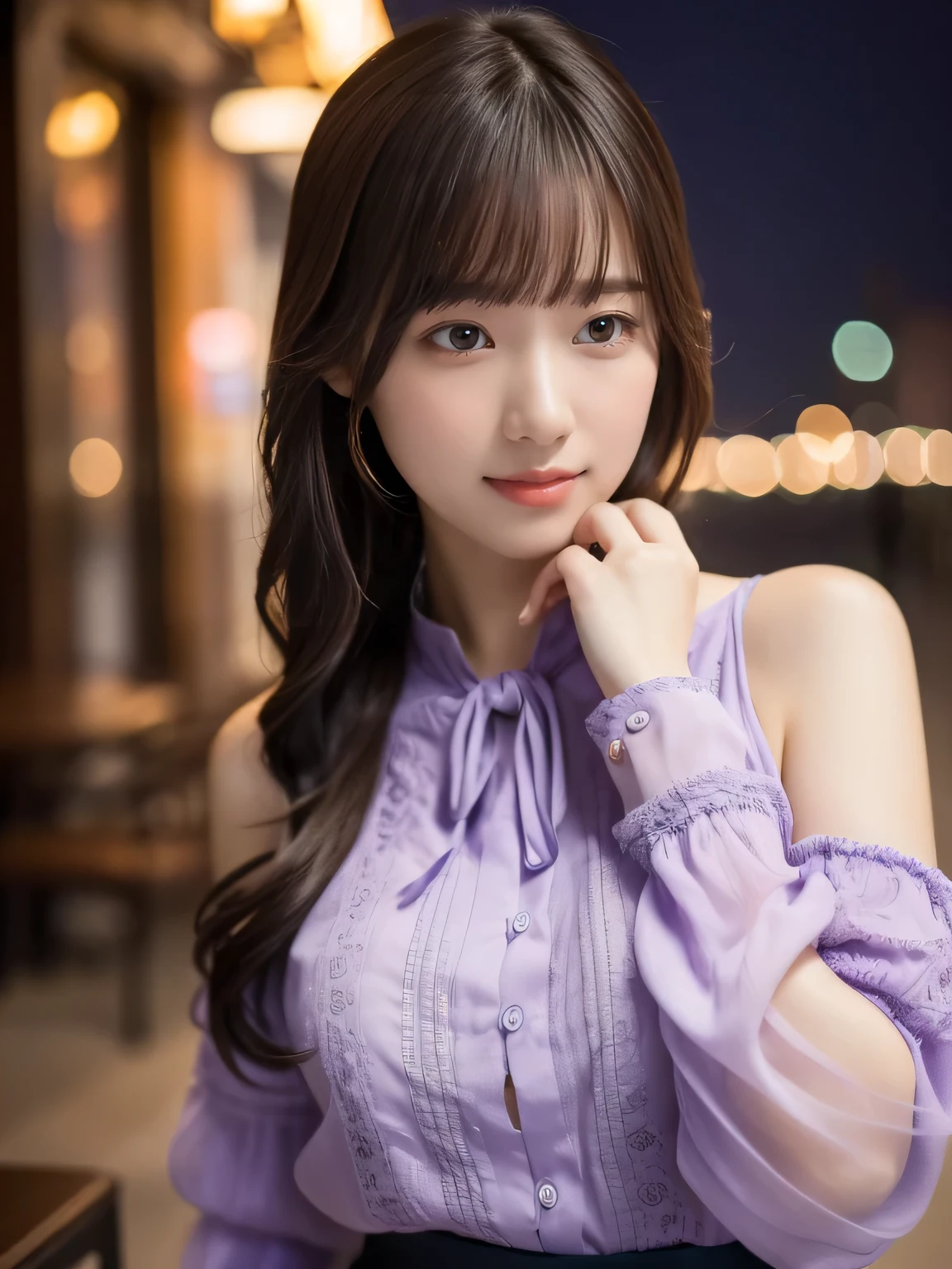 1 girl,(Wearing a lilac blouse:1.2),(Raw photo, highest quality), (realistic, Photoreal:1.4), table top, Very delicate and beautiful, very detailed, 2k wallpaper, wonderful, In detail, Very detailed CG Unity 8K wallpaper, very detailed, High resolution, soft light, Beautiful detailed girl, very detailed目と顔, beautifully detailed nose, detailed and beautiful eyes,Cinematic lighting,night city lights,perfect anatomy,Slender body,smile