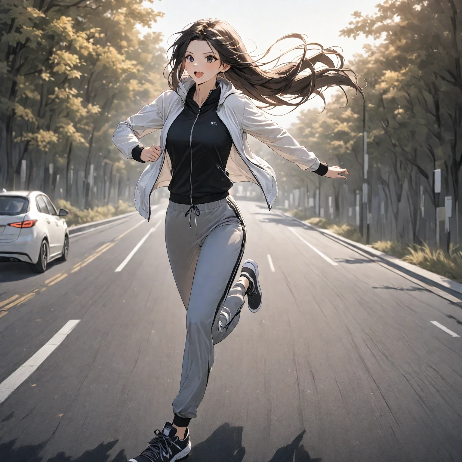 a woman in a white jacket and gray pants with two front pockets, running on a road, running pose, jogging, panting, modern casual wear, hoodie and sweatpants, detailed product shot, casual modern fashion, loose flowing clothing, tracksuit, casual wear, high-tech athletic wear, vertical view of woman