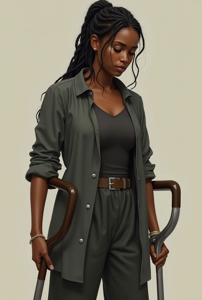 An illustration of a black woman holding a crutch on 4he4left hand with braids tied back looking down and talking