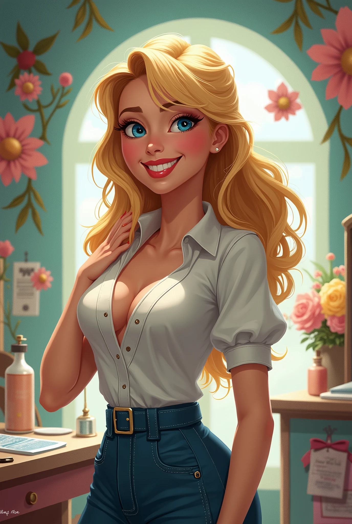 A blonde woman with blue eyes,length hair, work clothes, as a beautician,big breast ,down blouse,Disney art,colorfull