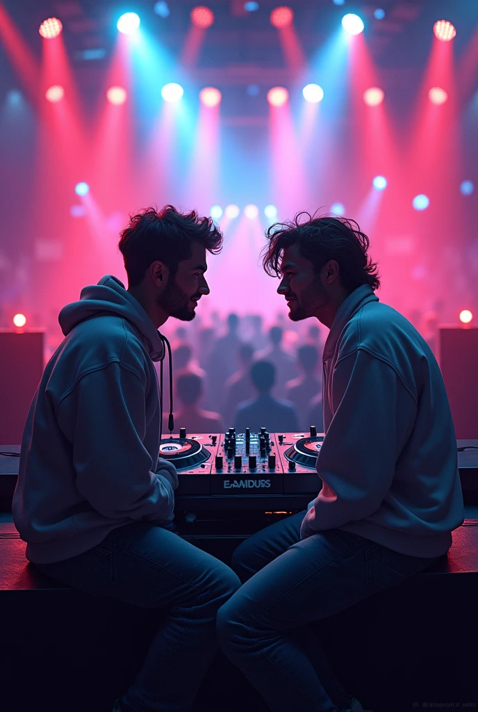 Two male DJ friends sitting facing each other at a concert looking at each other in full body
