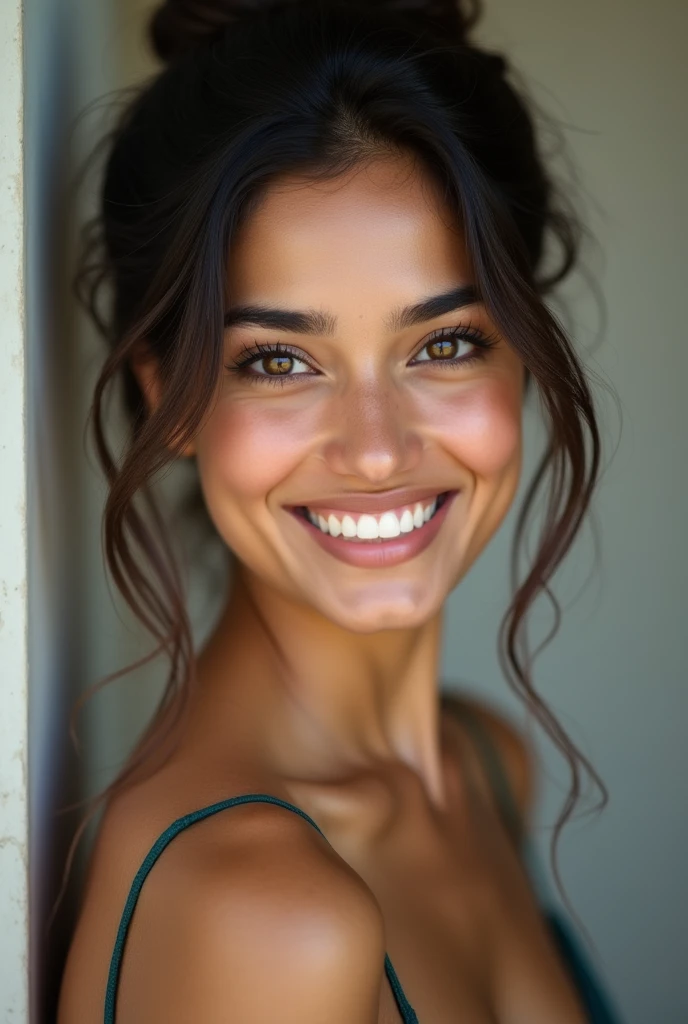 There is a young, Beautiful indian woman, who looks to the future like Katrina Kaif, Smiles into the camera, beautiful teeth, She looks into the camera, a portrait from raw photo, body, conservative modern europen color dress, ((hair Messy Bun),