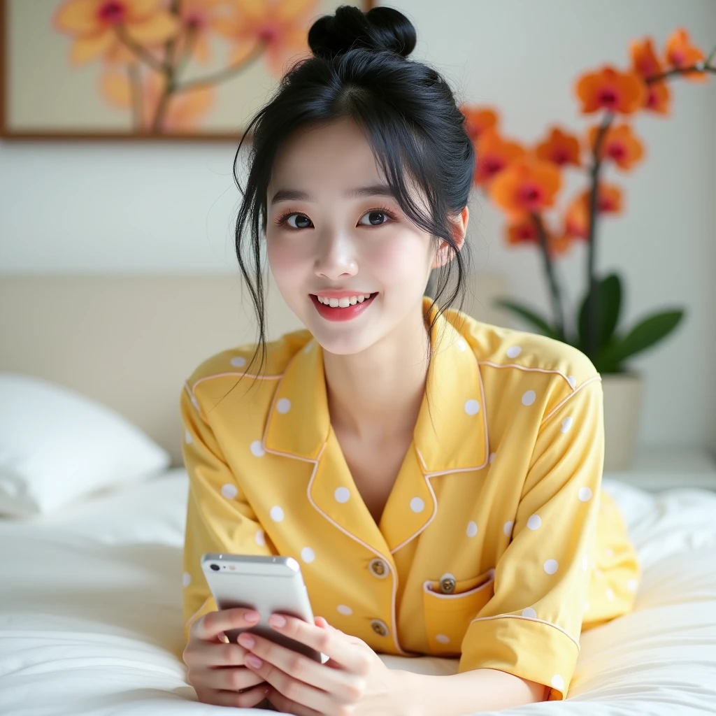 Beautiful Korean Women , smooth white skin, well-groomed face,black hair, bun up Korean style, wearing yellow pajamas with fruit motifs ,posing lying on a luxurious bed ,,.eyes looking at camera,smiled faintly,disamping ada lettop iPhone,bright white room color, Background, very luxurious room there, AC, there are beautiful flower paintings and orange red orchids.
