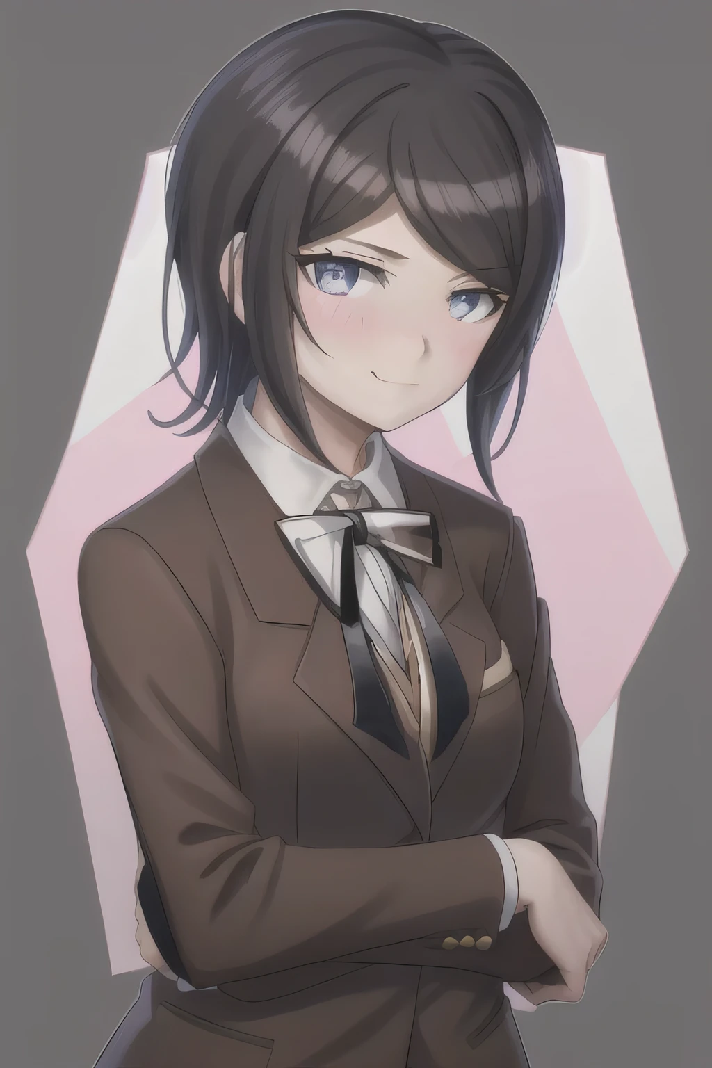 Masterpiece, Best Quality,  1girl, solo, jacket, ribbon, shirt, neck ribbon, upper body, looking at viewer with shy blushing smile, collared shirt, brown jacket, white shirt, black ribbon, breasts, simple background, closed mouth, white background, long sleeves, shiny hair, school uniform, transparent background, medium breasts, shiny. 