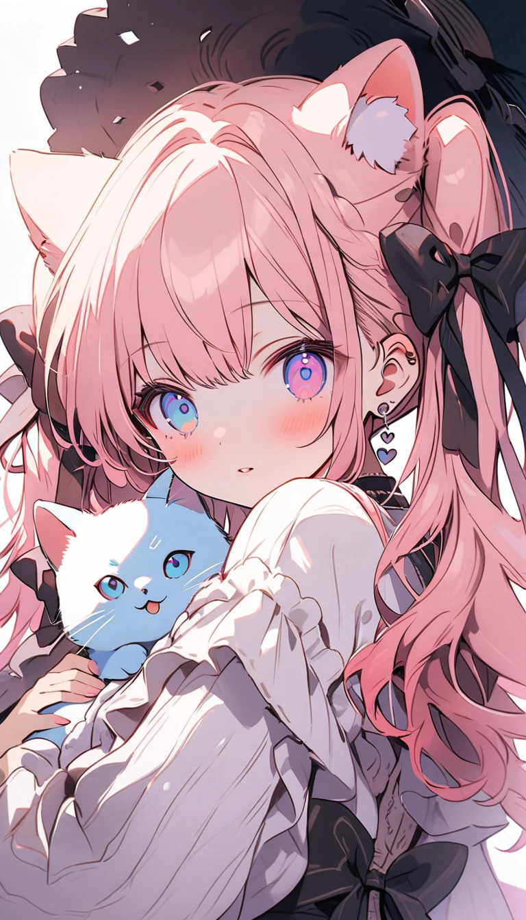 "Masterpiece, ultra-high-definition, 16K resolution, watercolor style. A cute  with cat ears, long wavy pink hair styled in twin tails with side-up portions. She has heterochromatic eyes—one eye shaped like a heart and the other shaped like a diamond, with iridescent hues. The design is intended for a dakimakura (body pillow cover)."