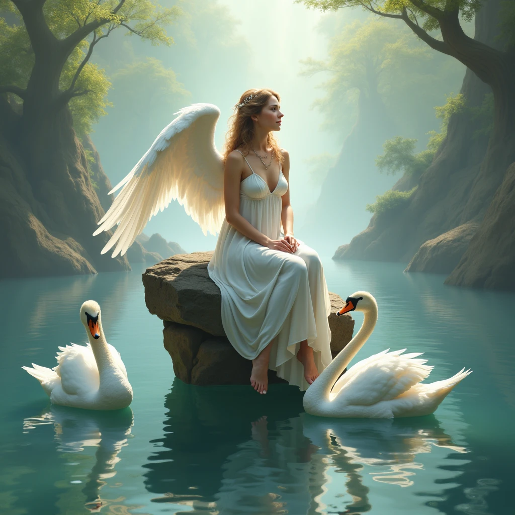 there is a woman sitting on a rock in the water with swans, beautiful digital artwork, beautiful fantasy art, very beautiful fantasy art, beautiful digital art, beautiful angel, very beautiful digital art, of an beautiful angel girl, of beautiful angel, beautiful gorgeous digital art, breathtaking fantasy art, fantasy digital art, amazing fantasy art, digital art fantasy art, beautiful detailed fantasy