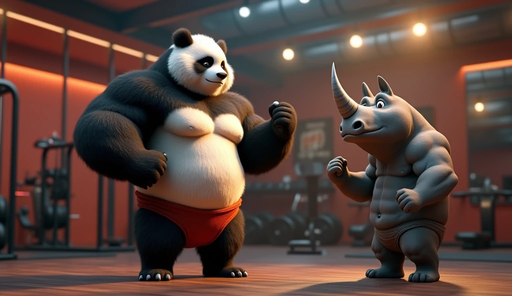 A 3d animated movie shot. Pandu, a young panda,
Pandu is now extremely muscular, with prominent six-pack abs that are clearly visible. He stands confidently in front of a mirror, flexing his impressive physique and showing off his well-defined six-pack. His muscular build is exaggerated to emphasize his bodybuilder status. Gondi Bhai, the muscular rhinoceros gym owner, stands beside him with an expression of awe and pride, possibly clapping or giving a thumbs-up. The gym background features high-end equipment and motivational decor, underscoring Pandu's remarkable fitness achievement. The scene is celebratory, highlighting Pandu's transformation into a fit and muscular individual.