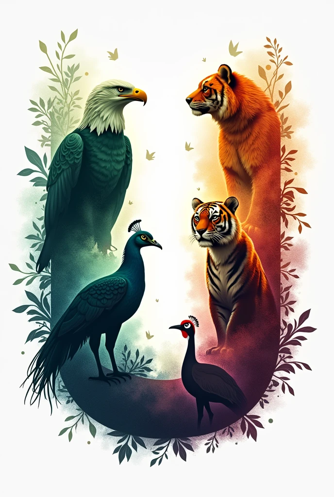 Create a U logo with American eagle,Indian green 
peacock, indian bengal tiger,china panda, china red crowned crane bird in word itself